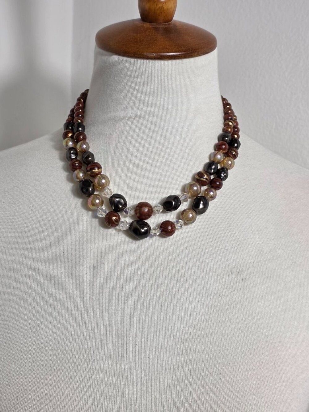 Vintage Two-Strand Beaded Statement Necklace Warm, Rich Earth Tone Beads